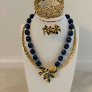 Gold and Blue Necklace Set with Bow Accents